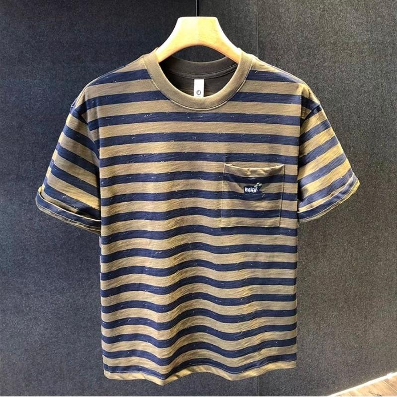 

Летний полосатый бойфренд 2024 пуловер с круглым вырезом пэчворк с принтом карман модный облегающий универсальный повседневный с коротким рукавом футболка топы L синий