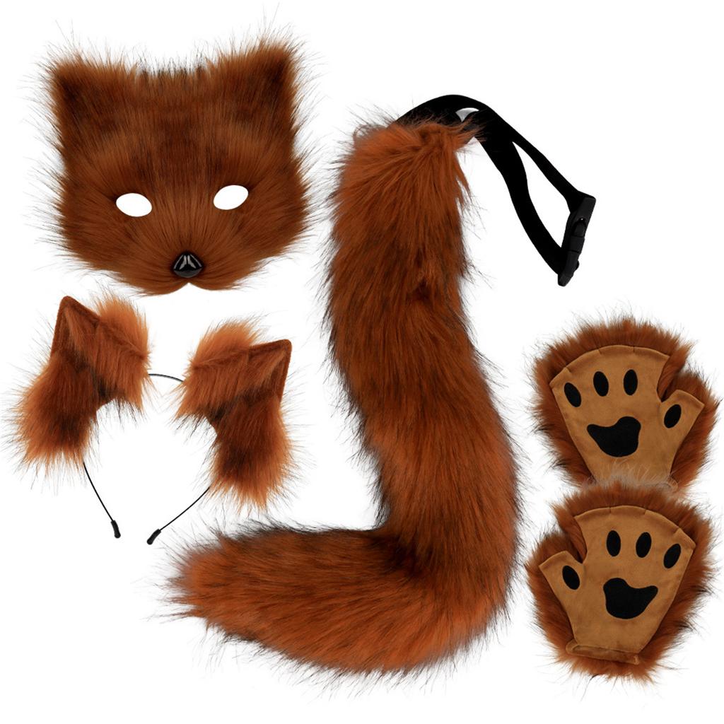 Wolf Foxes Costume with Plush Animal Face Mask, Headband, Plush Glove Animal Tail Costume for Children Adult Halloween