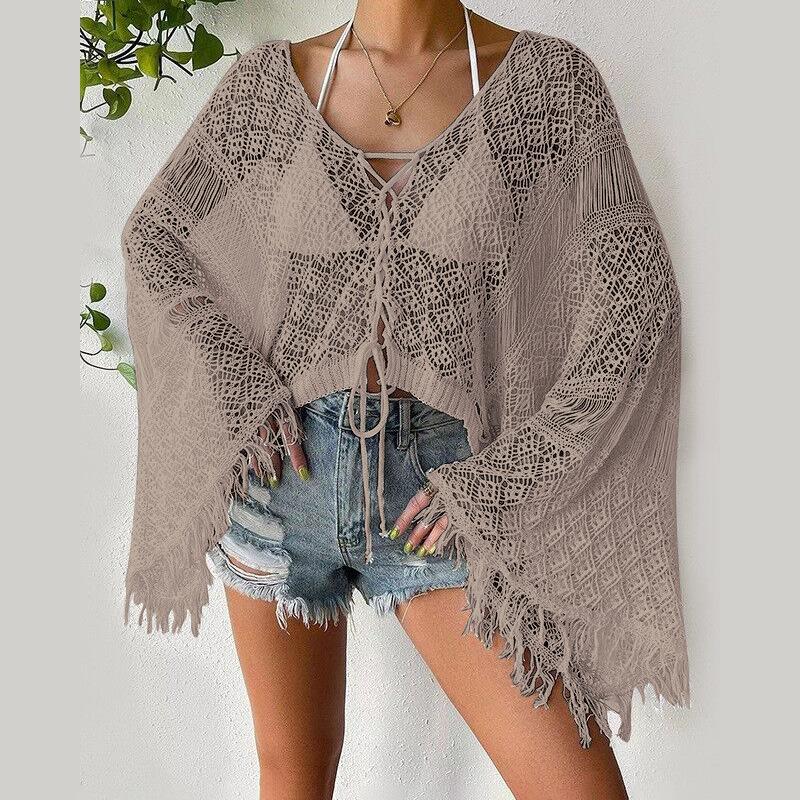 Nowa letnia koszula plażowa dla kobiet jednolity kolor seksowna dzianinowa ażurowa strój kąpielowy bikini plażowy z kapturem chroniący przed słońcem