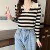 Striped Lapel Knitted Sweater Long Sleeved Autumn Slim Fit Versatile Fashion Color Blocked Outerwear Base Top