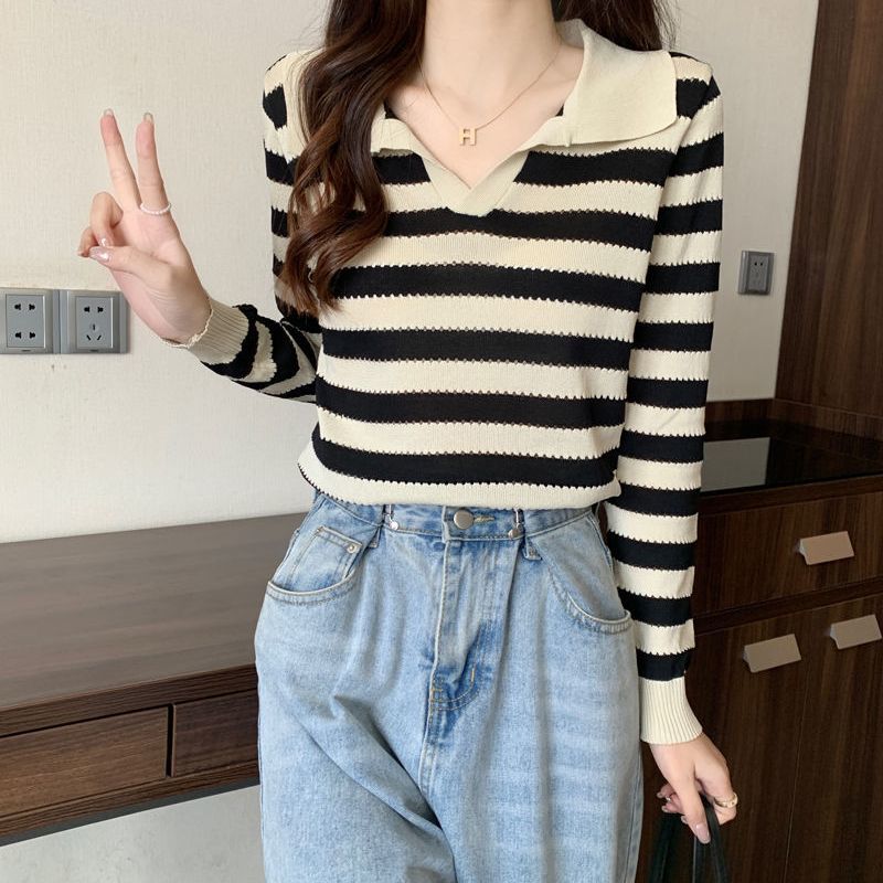 Striped Lapel Knitted Sweater Long Sleeved Autumn Slim Fit Versatile Fashion Color Blocked Outerwear Base Top