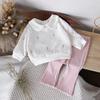 2025 Autumn Girls' Floral Doll Collar Top & Lace Cuff Bell Bottom Pants Set