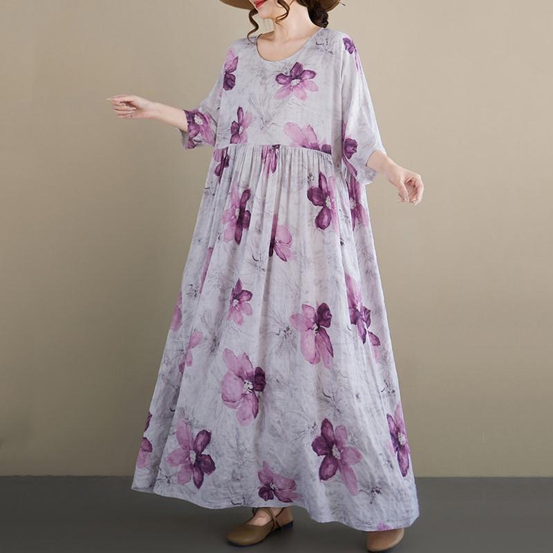 Κοντό μανίκι Plus size Βαμβακερό vintage φλοράλ νέο σε φορέματα για γυναίκες casual φαρδύ μακρύ καλοκαιρινό φόρεμα