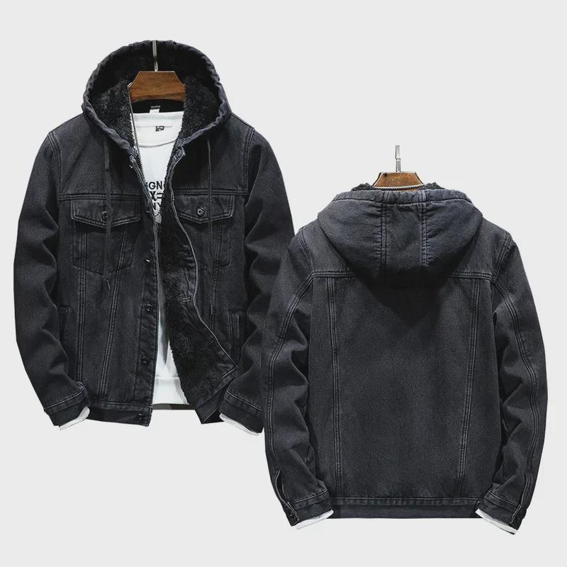 Men's Thick Warm Hooded Denim Jacket with Imitation Lambskin