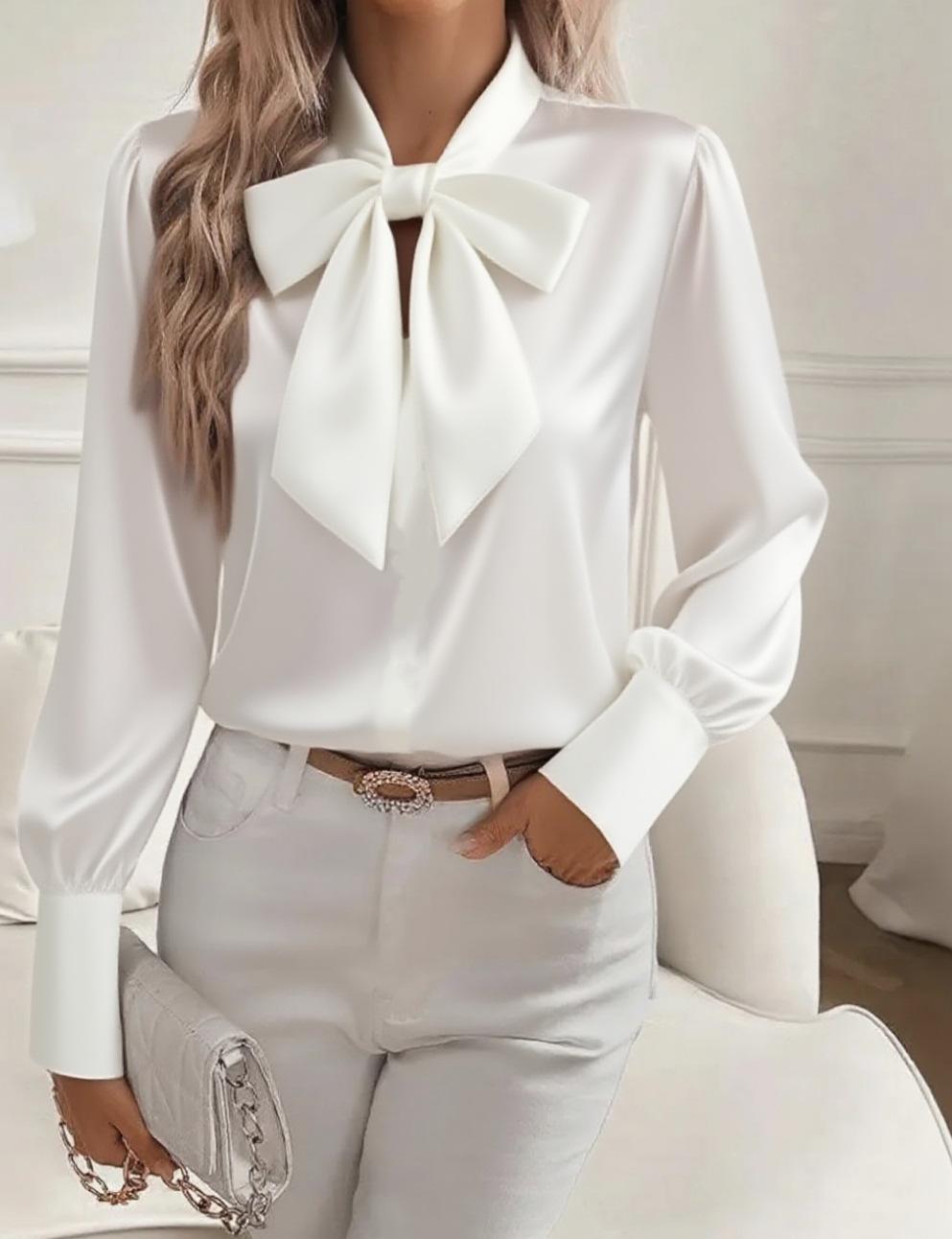

Women s Satin Bow Tie Blouse, Lapel Collar Long Sleeve Shirt, Multiple Color Options XXL білий