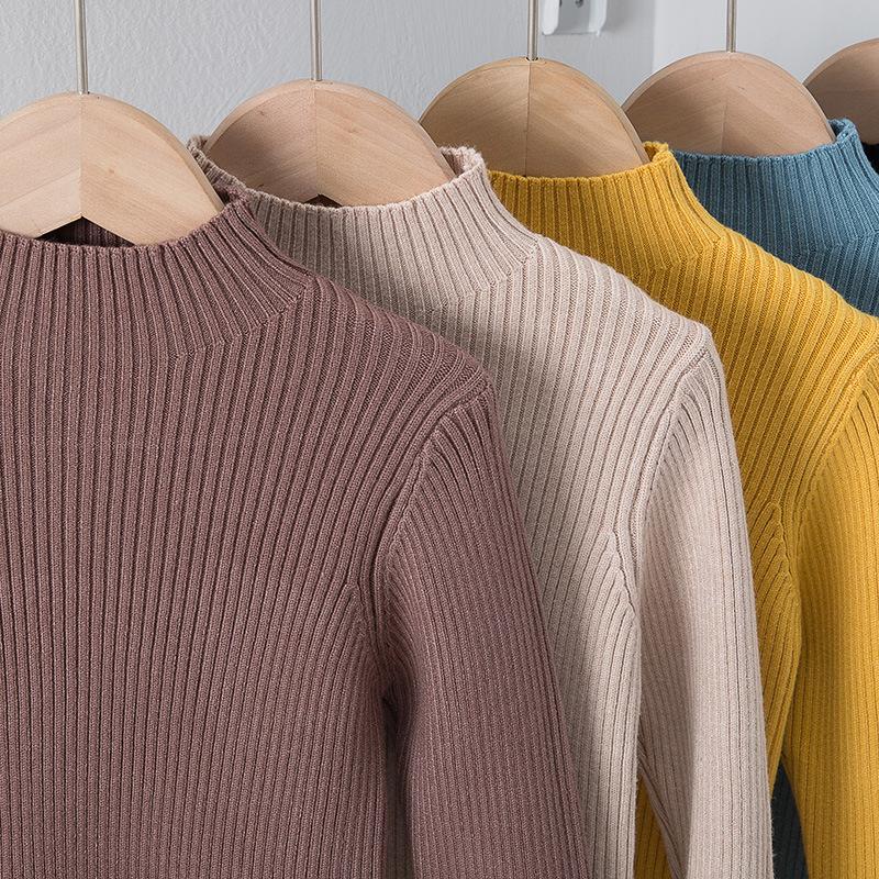 Girls' Base Sweater Winter Half High Neck Thin Knit Sweater for Children