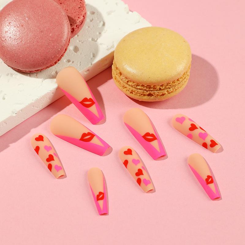 24Pcs/Set Quick Nails Long Ballet Love Lip Print False Nials Sticker Wearable Waterproof Manicure Finished Nails