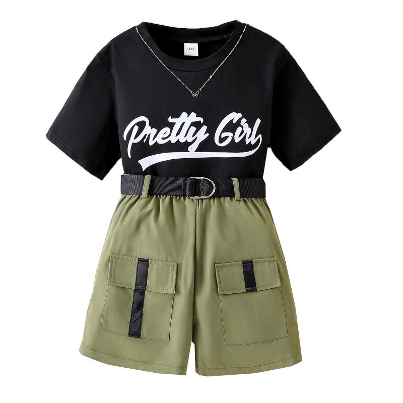 2025 Summer Kids Clothing: Girls' Letter Tee & Shorts 2-Piece Set