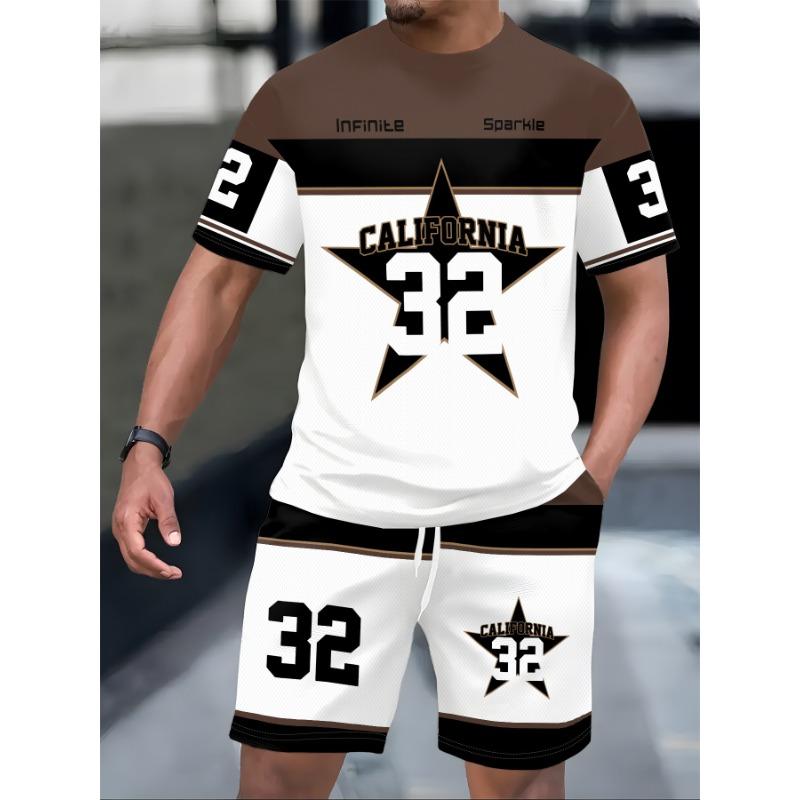 Men s Black & White Sport Suit: Star Pattern on Chest & Leg with Number 32. Elastic Waist Shorts for Relaxed Gathering & Urban Style S белый