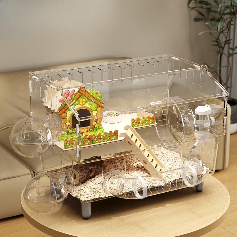 Luxury Villa Acrylic Transparent Hamster Cage Chew-Proof Escape-Proof Spacious Golden Hamster Habitat with Exercise Wheel