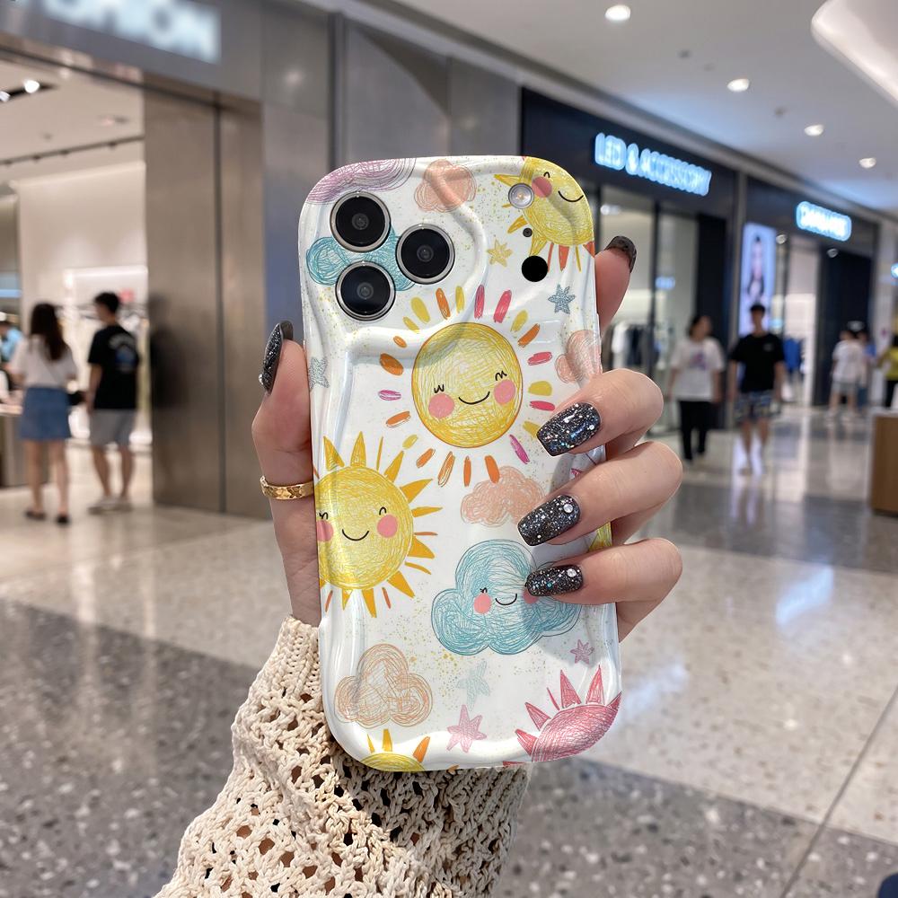 Hand-drawn Smiley Sun Cloud Frame Wavy Edge Phone Case For iPhone 16 15 14 Pro Max 13 12 11 Mini XR XS SE 2020 17 Air Cover Soft TPU
