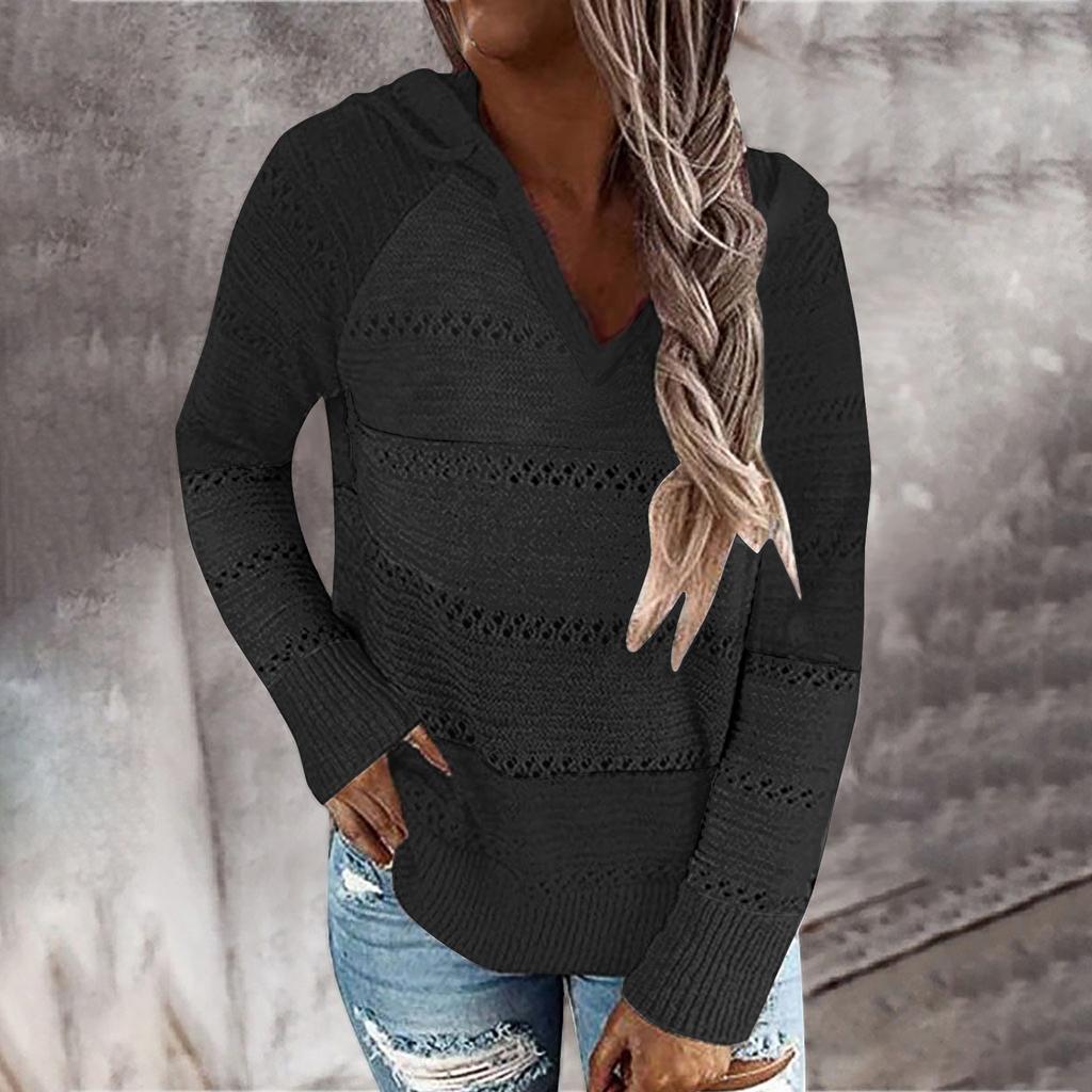 Fashion Women Casual Solid V-Neck Long Sleeves Hooded Sweater Blouse Tops