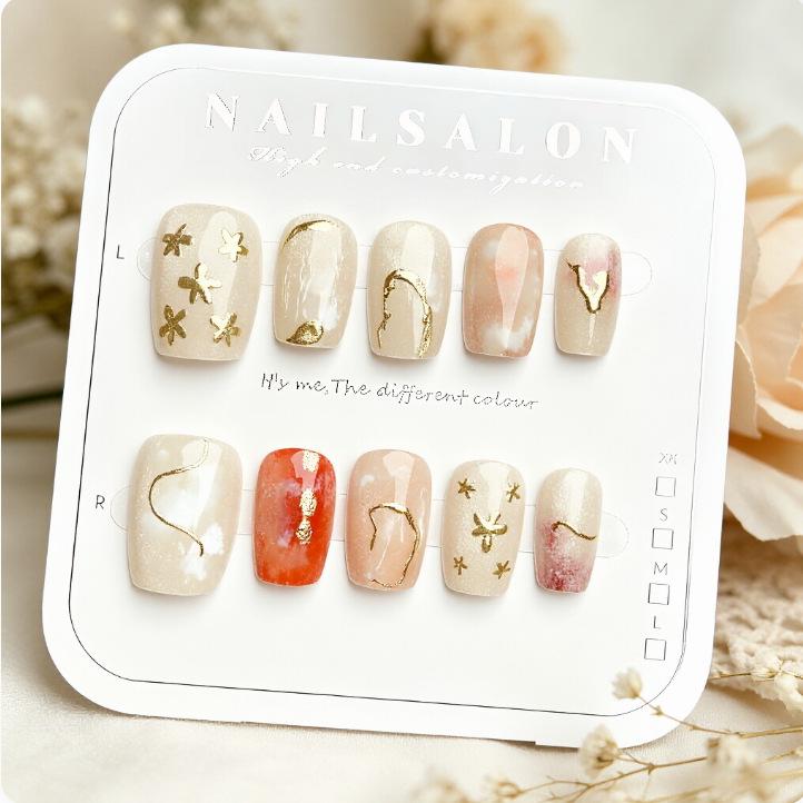 Elegant French Ceramic-Feel Press-On Nails with Intricate Floral Design