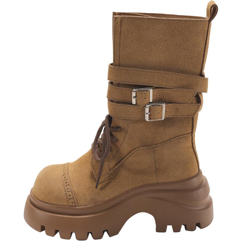 Mid Calf Women Boots Flats Platform Shoes Lace Up Casual Shoes Woman Winter 2025 New Buckle Chelsea Boots Sport Walking Shoes