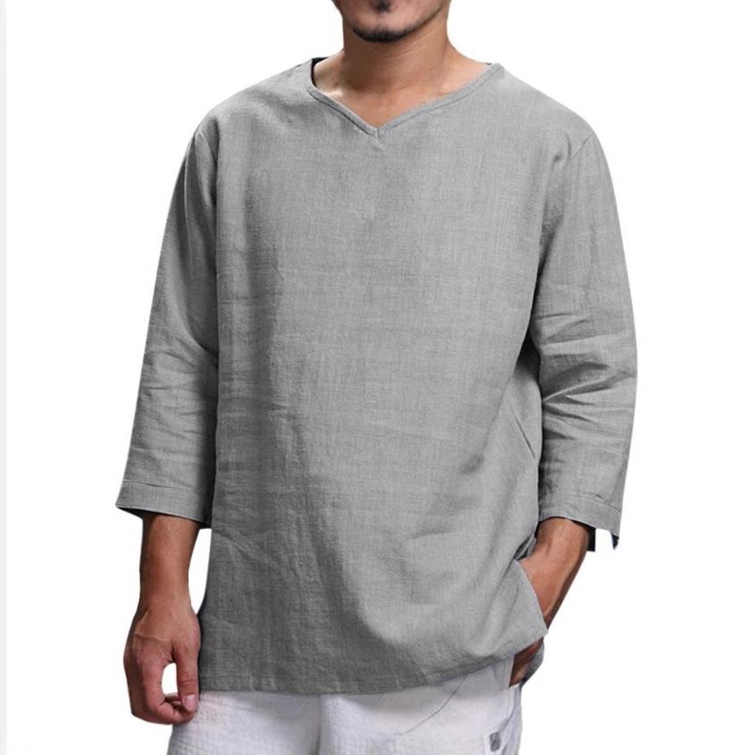 Men's Spring and Autumn V-neck Solid Color Long-sleeved Loose Shirt Casual Comfortable Breathable Shirt