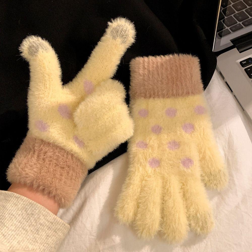 Touchscreen Five-Finger Gloves Polka Dot Warm Gloves Sweet Knitted Gloves Winter