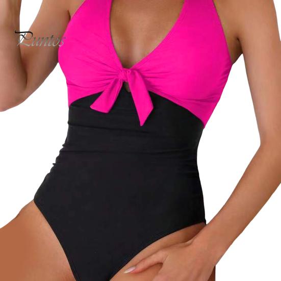 Women Sexy Summer Monokini Halter Deep V-Neck One-piece Swimsuit Patchwork Color Bowknot Decor High Waist Backless Beachwear