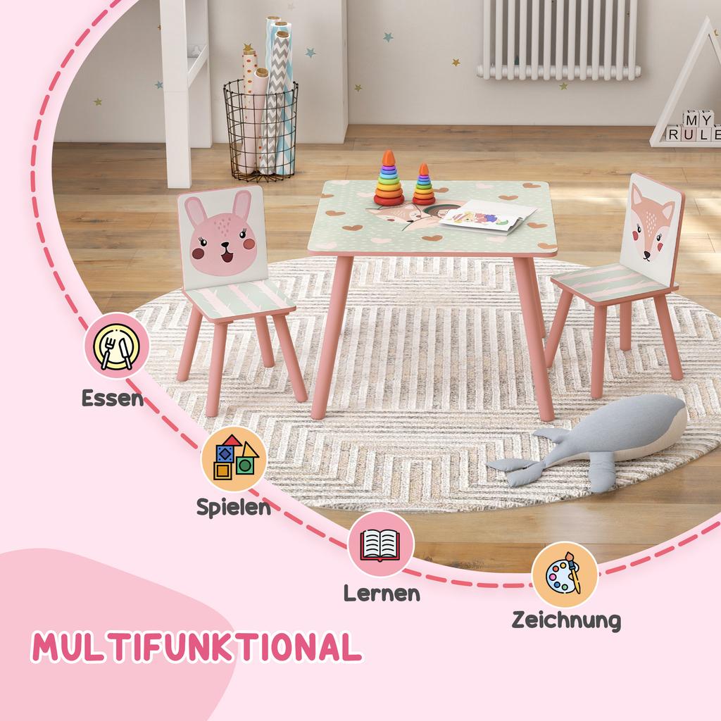 Children's Seating Set Made of Pine Wood, Table with 2 Chairs, Animal Motif, Children's Room, 3-8 Years, Pink