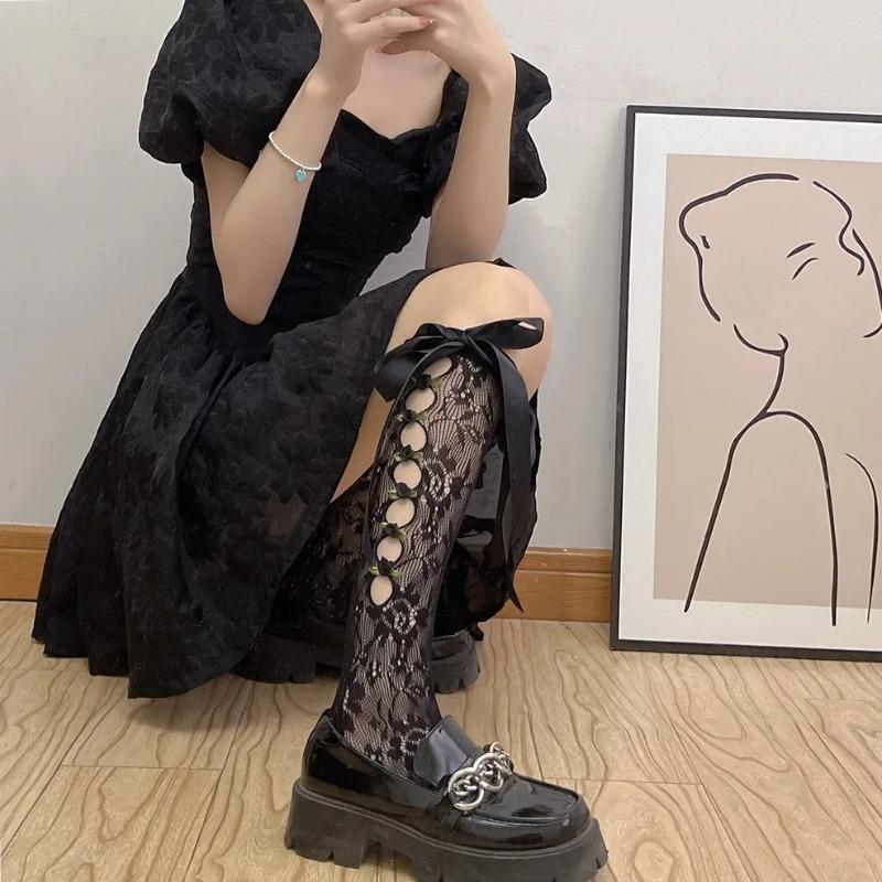 Women Sexy Lace Mesh White Black Fishnet Knee High Long Socks Lingerie Cute Gothic Style Ruffles Hollow Bow JK Lolita Stockings