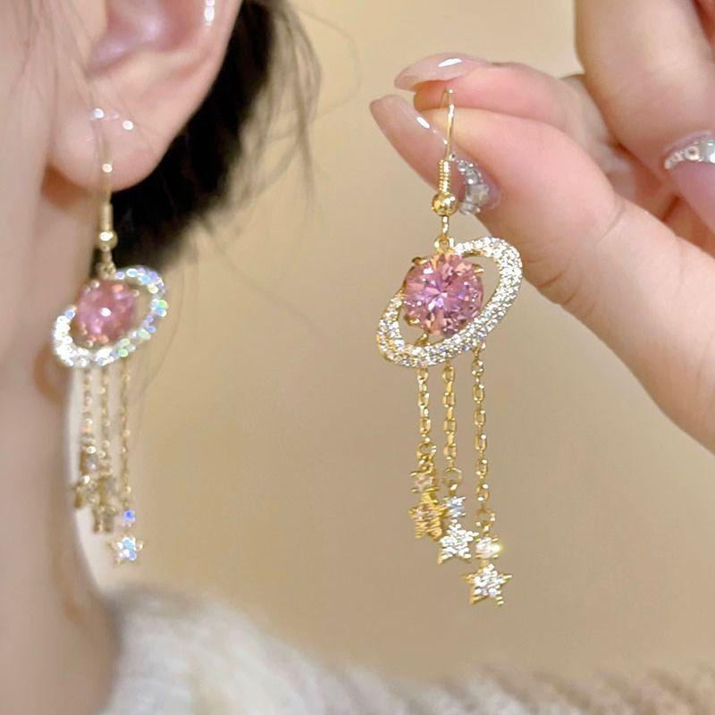 

French Diamond Round Star Fringe Ear Hook Fashion Sweet Personality Versatile Earrings Light Luxury Premium Earrings Women