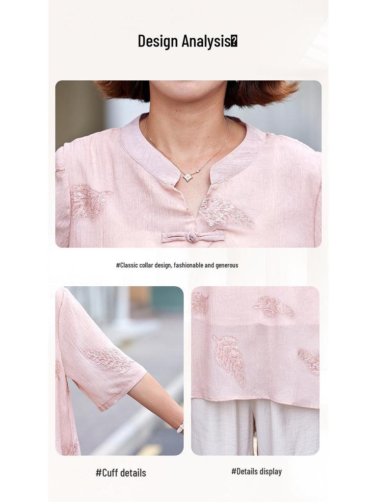 Mother's 2025 Summer Set: Stylish National Style Loose T-shirt & Small Shirt Two-Piece for Middle-Aged and Elderly Women.