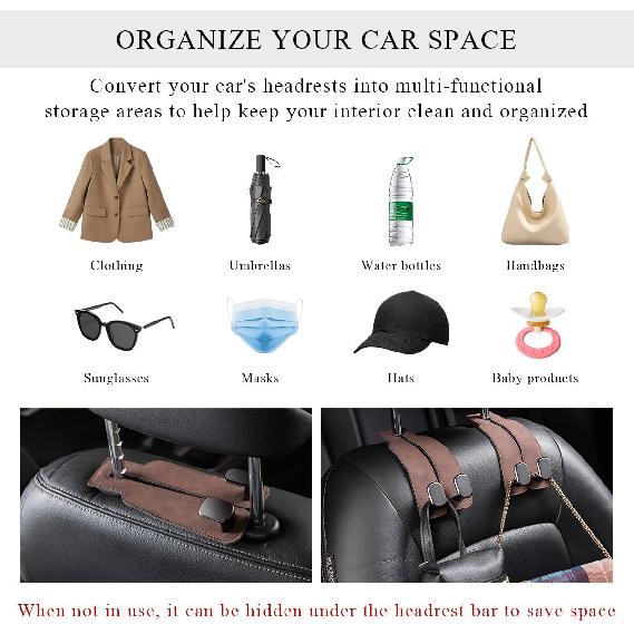 2 PCS Car Seat Headrest Hook, Back Seat Hanger with Double Flexible Leather Hooks, Soft Leather Double Headrest Metal Hooks Purse Handbag Organizer,