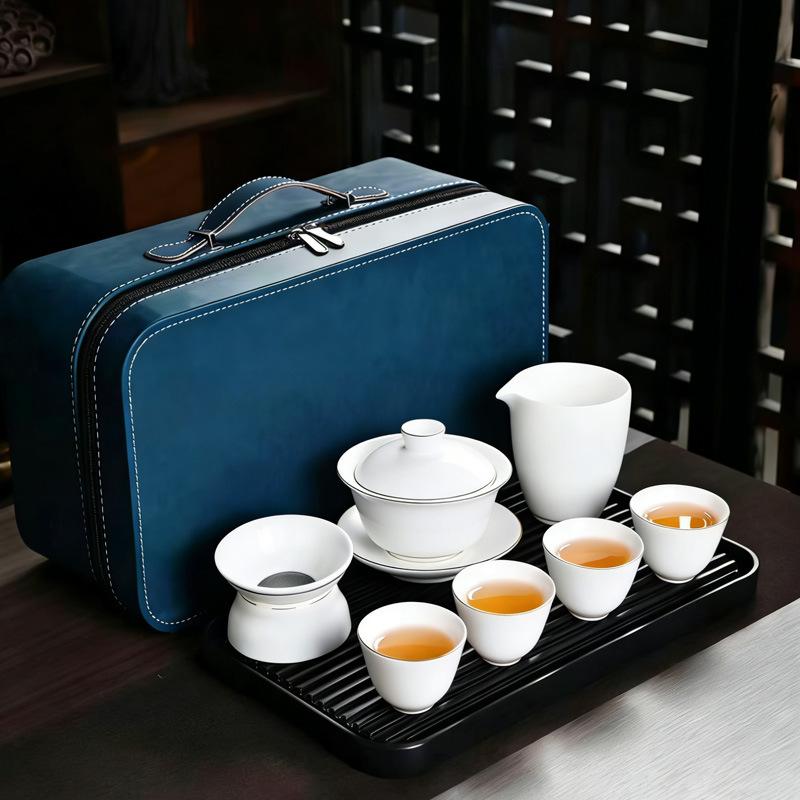 Business Portable Travel Tea Set Dehua White Porcelain Suet Jade Ceramic Teapot Teacup Tea Tray Gift Box