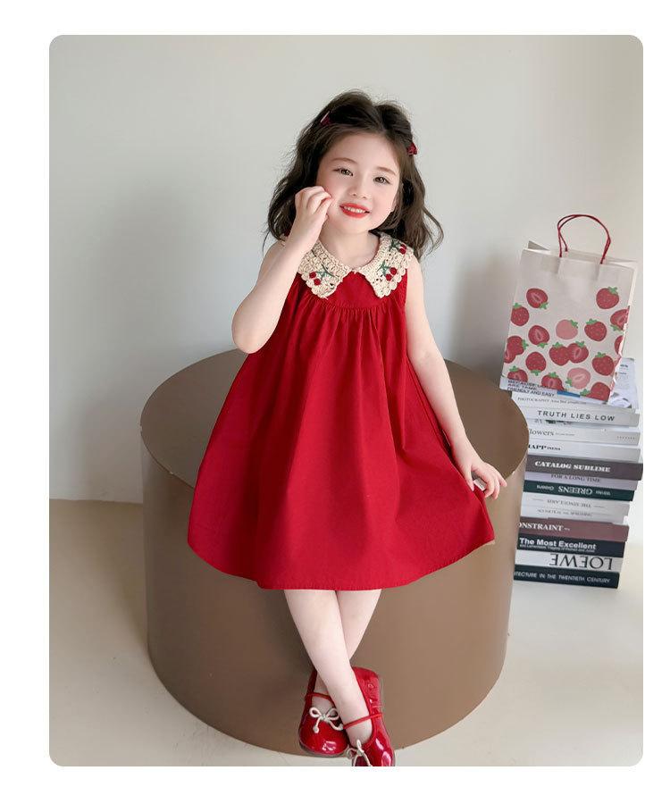 Girls Summer Cherry Collar Sleeveless Dress Cute Flared Swing Vest Dress For Kids