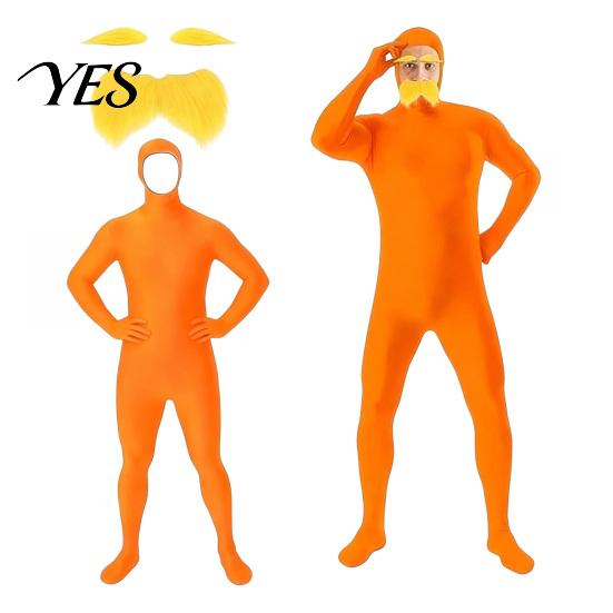 Fun Family Costume Face Open Halloween Costume, Unisex Full Body Orange Bodysuit with Beard Comfortable Eyebrows for Men Women, Adult Stretchy Cosplay
