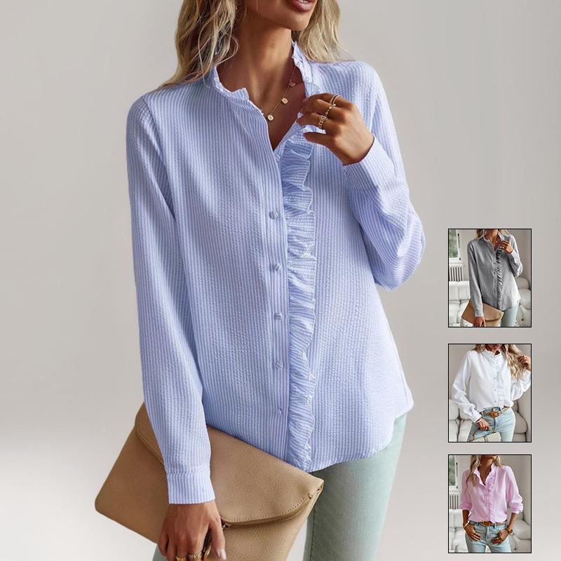 

Women s Blue White Striped Blouse with Ruffled Collar, Casual Long Sleeve Shirt, Loose Fit Tops for Spring Summer S білий
