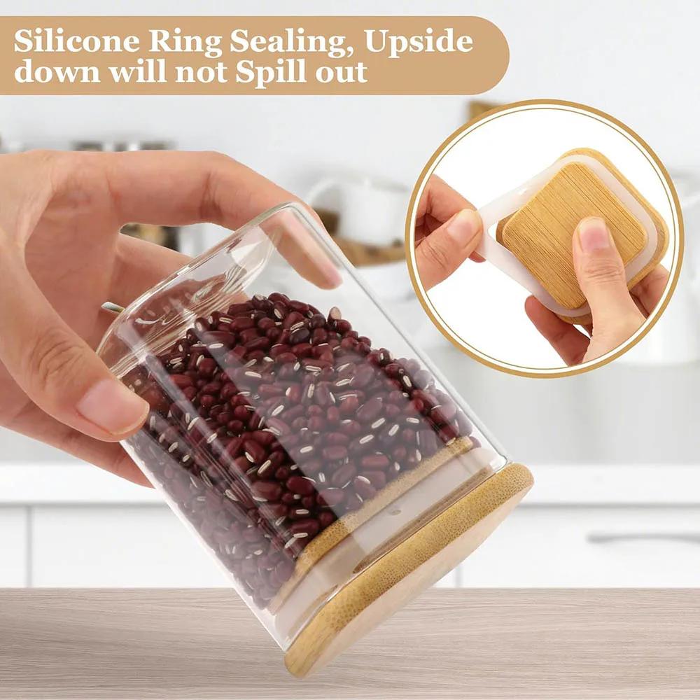 9oz Glasbehälter mit luftdichten Bambusdeckeln - Klare Glas Vorratsbehälter Kleines quadratisches Behälterset für Küchengewürze