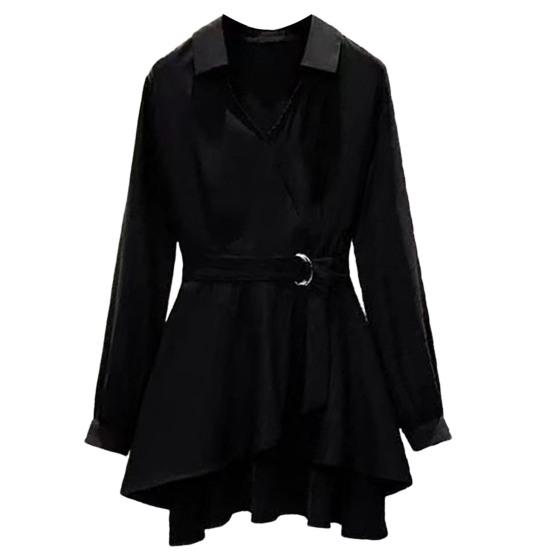 

Lapel V Neck Long Sleeves Irregular Hem Plus Size Women Shirt Waist Tight Adjustable Belt Pullover Shirt Top Female Clothing M