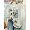 Women Long Sleeve T Shirt Patchwork Block Print Round Neck Color