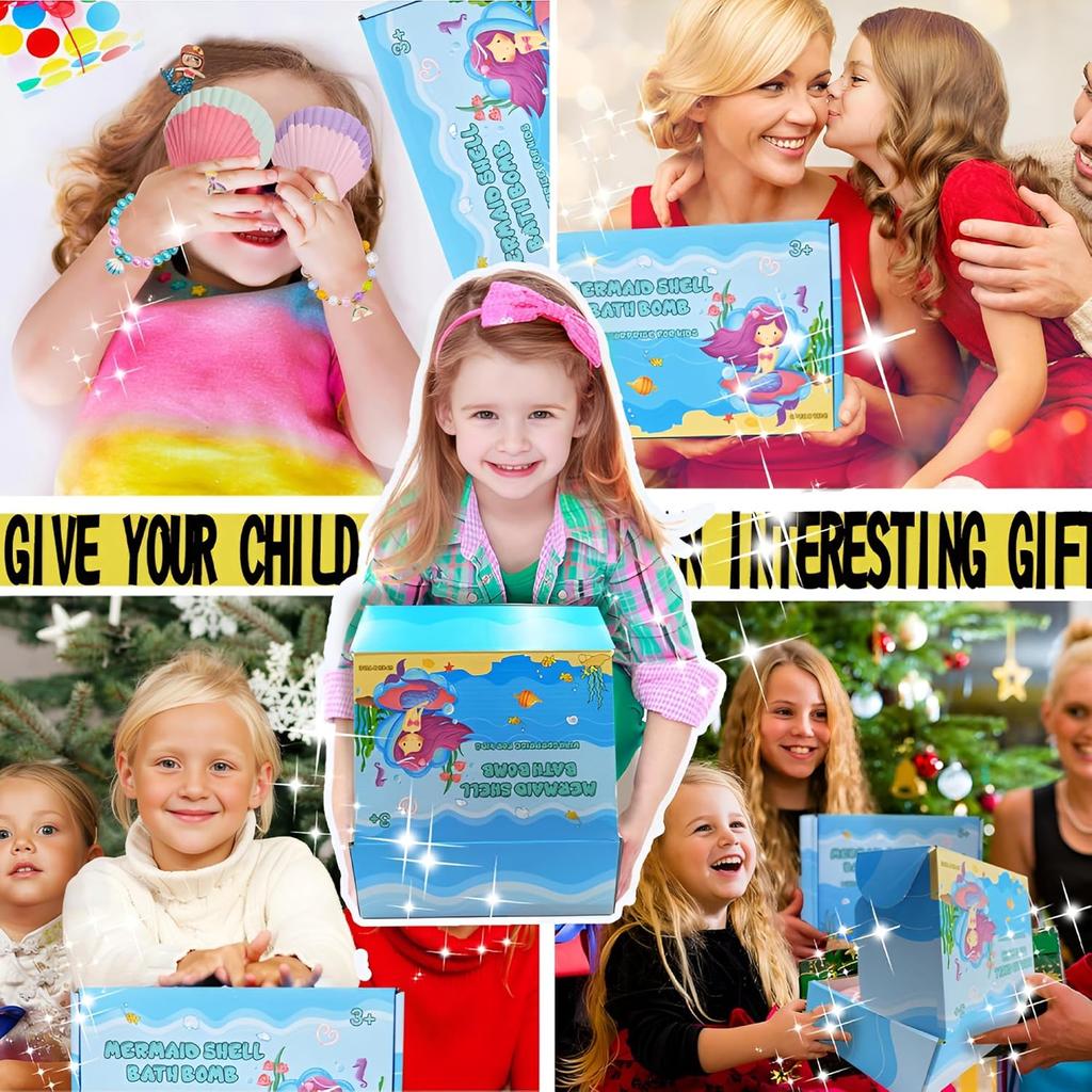 Mermaid Bath Bombs for Kids Girls with Surprise Inside, 6 Pcs Natural Fizzy Princess Fun Shell Bubble Bath Bomb Kit with Jewelry Toys, Christmas