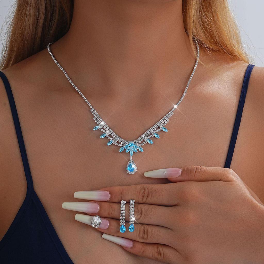 European-American Rhinestone Teardrop Necklace & Earring Set: Korean-Style Bridal Temperament Collarbone Chain Jewelry for Women