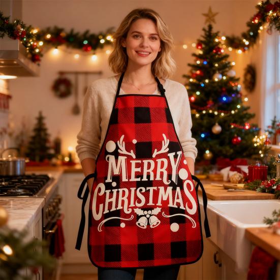 Christmas Apron Festive Holiday Print Apron with Pocket for Cooking Serving Adjustable Neck Strap Kitchen Apron for Cooking Gardening Server Waitress