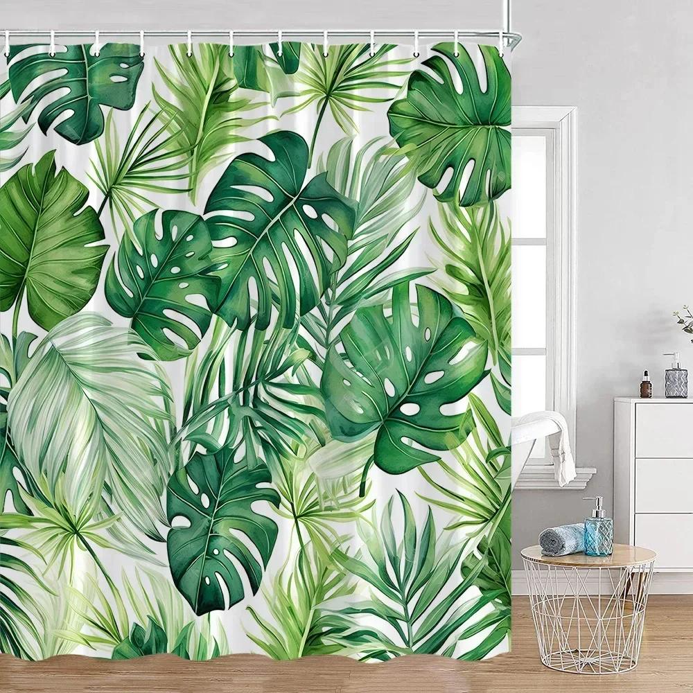 Tropical Leaves Shower Curtain Green Leaf Palm Flower Flower Bathroom Curtain Green Plant Bathroom Decoration with Hook