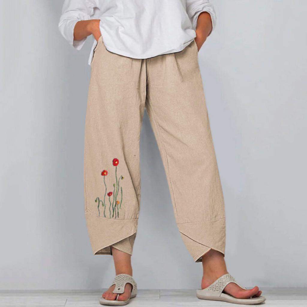 Women's summer casual loose cotton and linen embroidered wide-leg pants