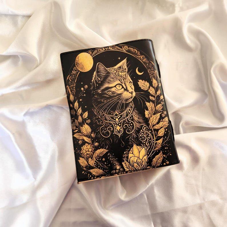 Cat Printed Leather Journal, Deckle Page Notebook, Sketchbook, Travel Dairy, Dream Journal, Leather Dairy, Wedding Gift, Personalized Gift.
