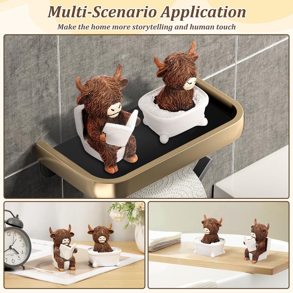 2 Pcs Scottish Highland Cow Resin Figurines Funny Bathing & Reading Highland Cow Statue for Office Bathroom and Home Decoration