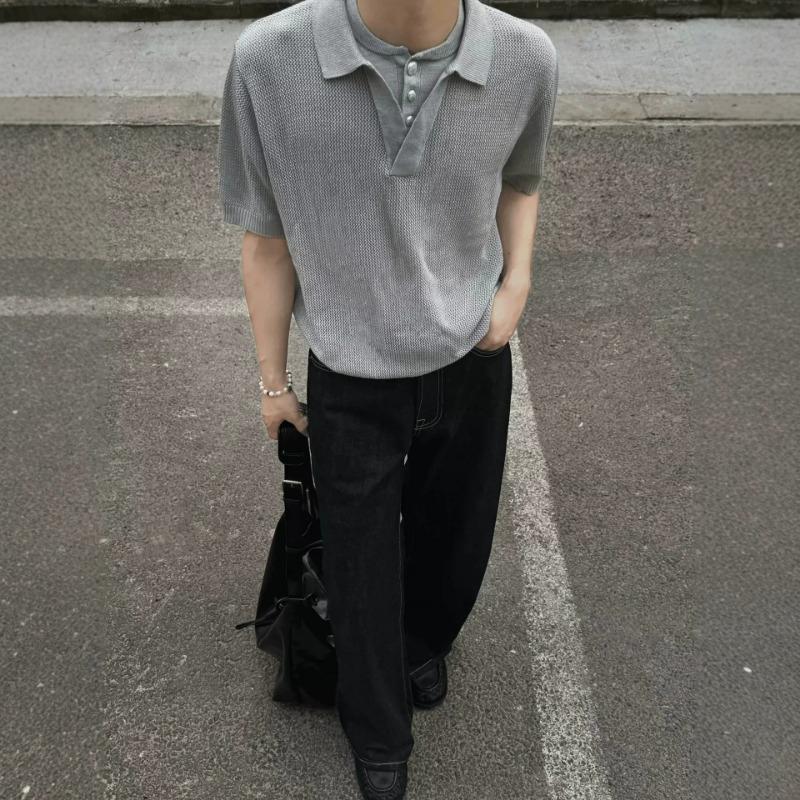 Mens Knit Half Placket Short Sleeve Polo Shirt M серый