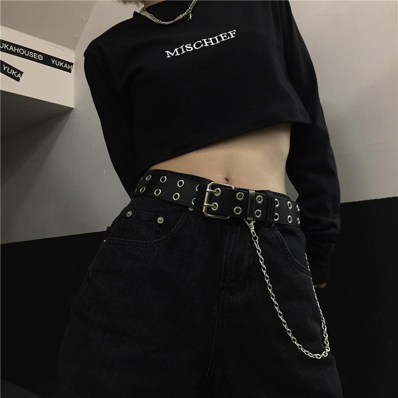 Belt Women Korean Instagraphs Retro Personality Black Double-breasted Metal Chain Embellished with Everything Punk Belt
