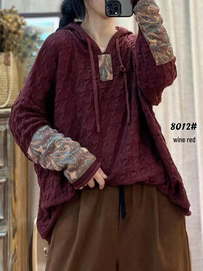 Autumn Digital Print Patchwork Hooded Cotton Sweater