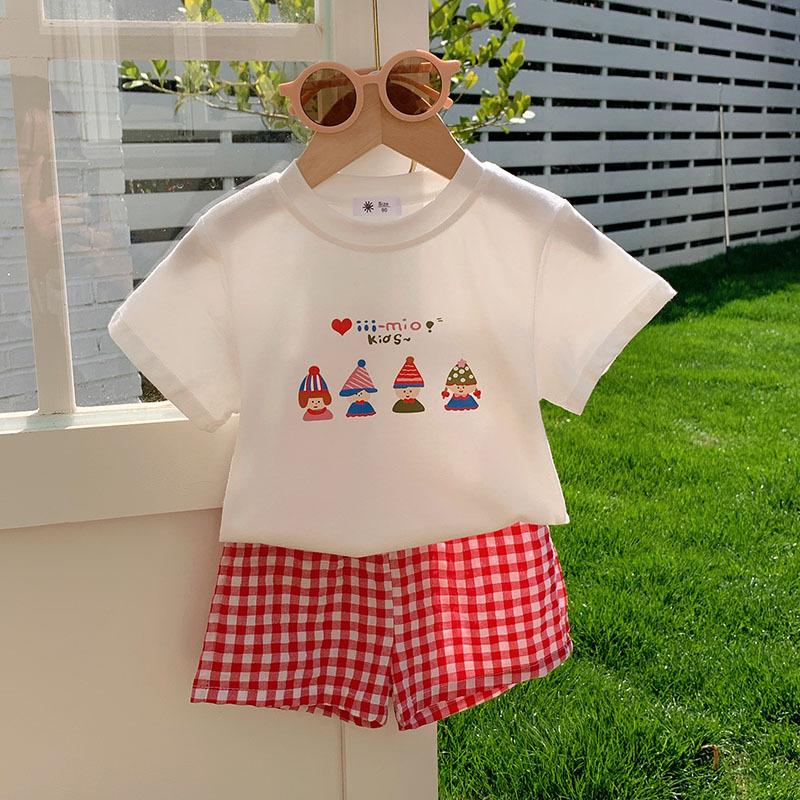 Cute Girls Summer Cartoon T Shirt And Plaid Shorts Set Baby Toddler Two Piece Outfit Casual Kids Clothing 90cm