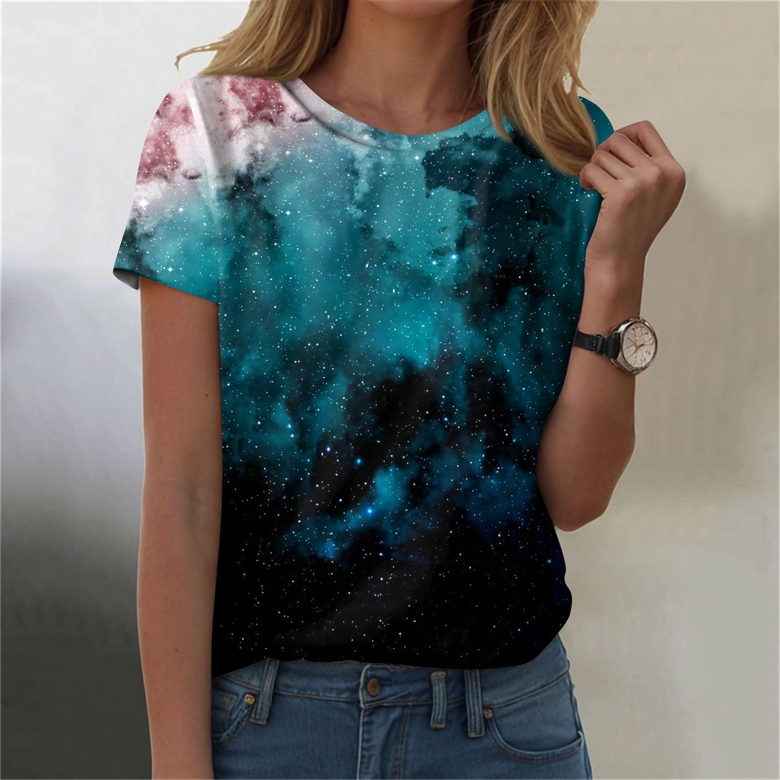 Women s Fashion Sky Print Fashionable Versatile Slim Fit Short Sleeve T-shirt Top L