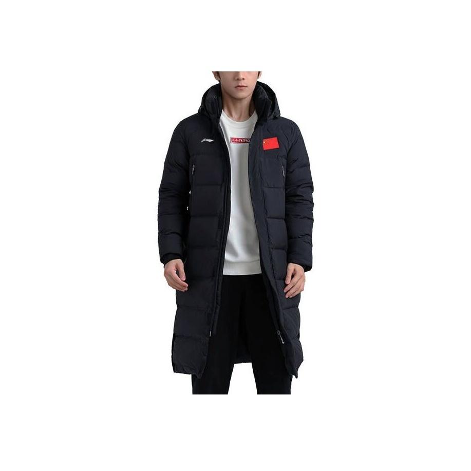 Li Ning Badminton Series Warm Long Hooded Down Jacket Winter Men Jacket Black AYMR113-3