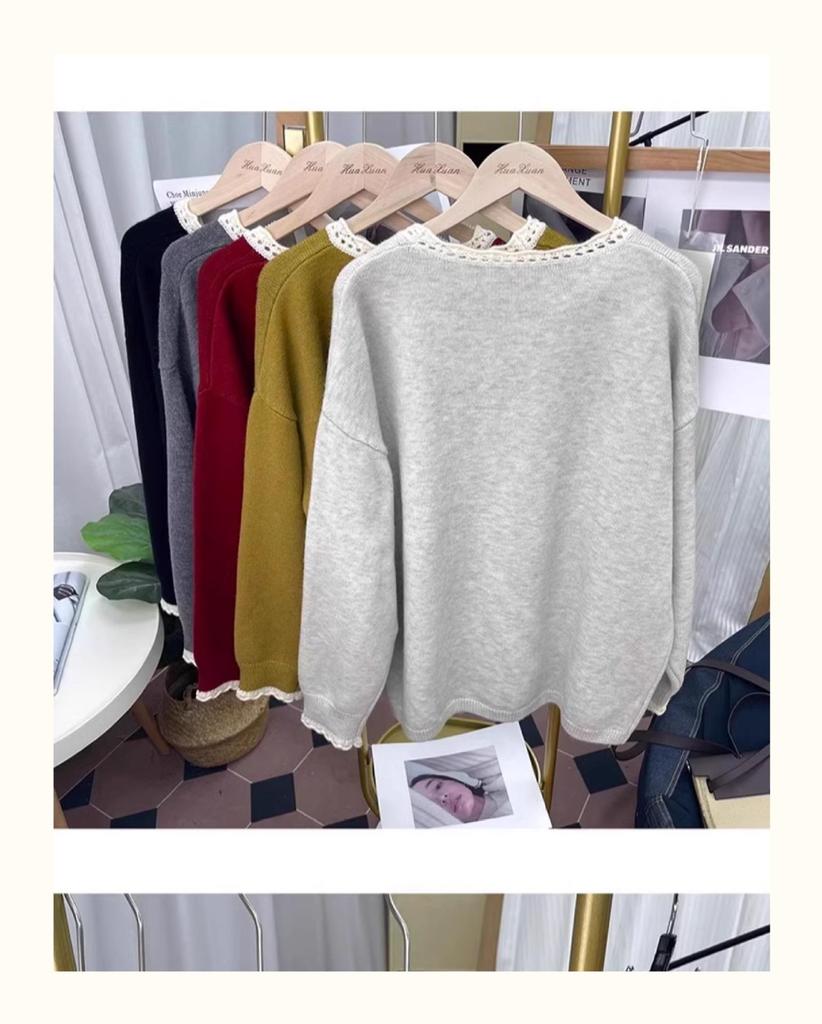 Damski sweter z koronkowym kołnierzykiem i kolorowym blokiem kolorów, odmładzający – jesień i zima, gruby, luźny krój, kolekcja 2025