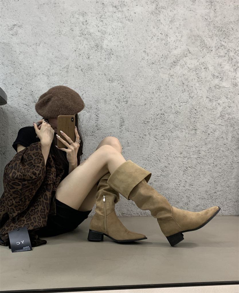 Boots New Women's Shoes Boots Western Vintage 2025 Denim Over the Knee Boots Pile Long Heel Knight Autumn Winter