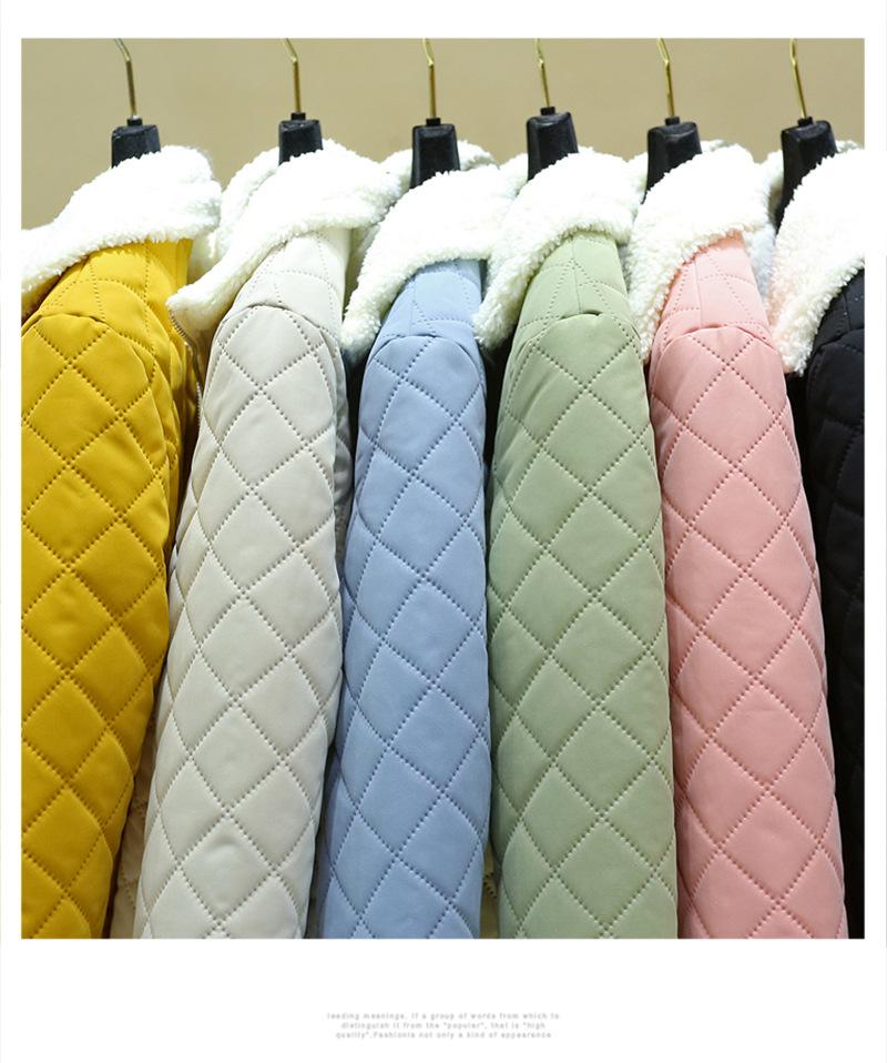 2024 Fall/Winter Women's Lambskin Cotton Coat - Stand-up Collar, Casual Loose Fit, Warm and Stylish Diamond Check Design.