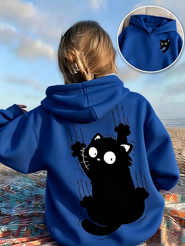 Whimsical Clinging Cat Kids Hoodie Dual‑Placement Print Autumn Winter Fleece Warm Children Streetwear Hooded Sweatshirt